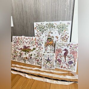 Lot of 4 Dior animal sea creature colorful floral shopping bags with 4 ribbons